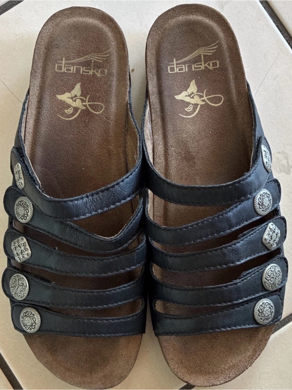 Dansko Janie Sandals Women's EU 38/US 7.5-8 Black Leather Cork Slides Silver EUC - Picture 4 of 9